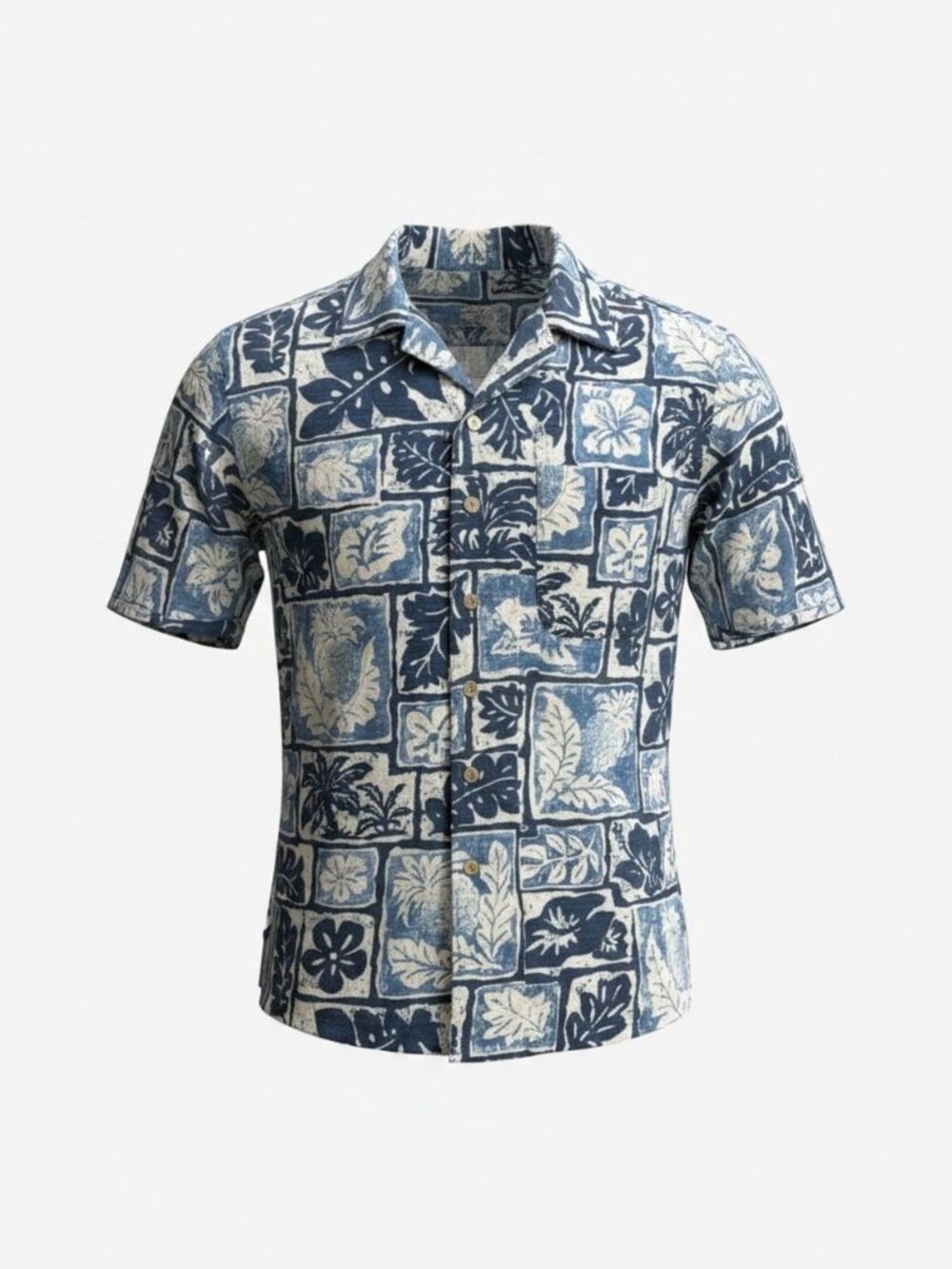 Batik Bay 100% Washable Silk Blue Patchwork Floral Hawaiian Shirt Size Small